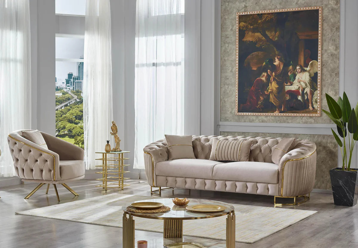 The Sienna Luxury Chesterfield Premium Armchair Beige Gold Velvet