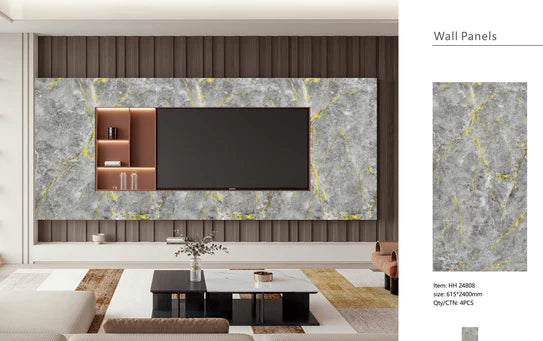 Media Wall Panels Pack Of x4 Gold Grey Marble Veins PVC Waterproof Wall Panels 240x60cm