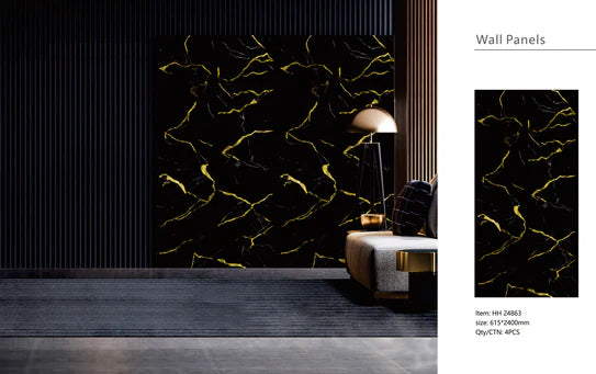 Media Wall Panels Pack Of x4 Gold Black Marble PVC Waterproof Wall Panels 240x60cm