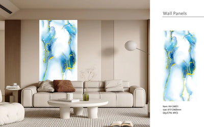 Media Wall Panels Pack Of x4 Gold Blue Marble PVC Waterproof Wall Panels 240x60cm