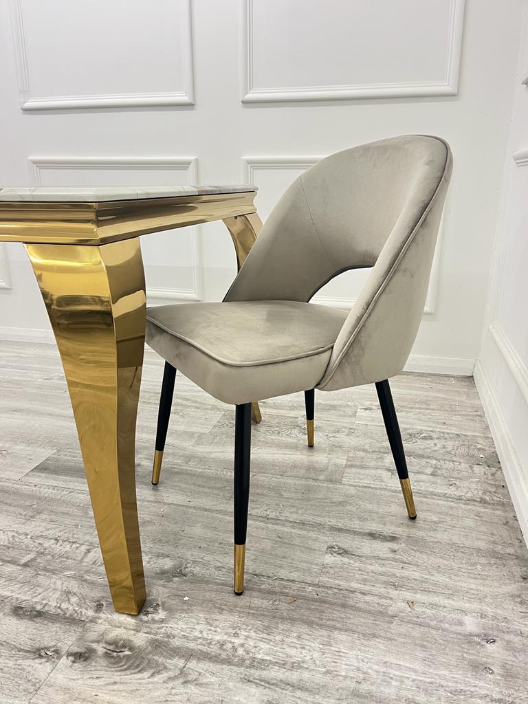 Lucien 180cm Gold Dining Table with Pandora Gold Ceramic Marble Top + Astra PU Leather / Fabric Dining Chairs