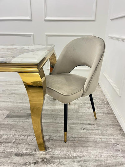 Louis Glass & Gold Dining Table With Astra Velvet / Leather Chairs