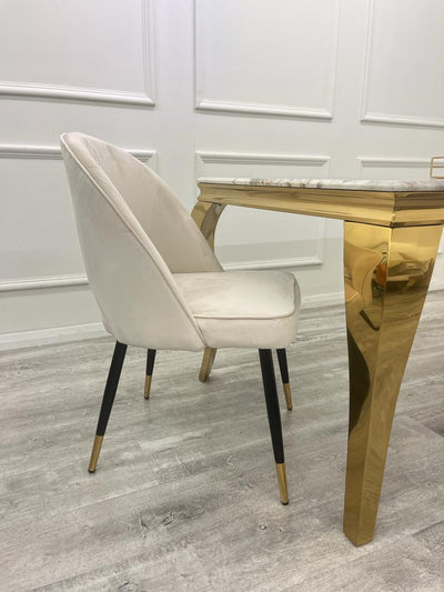 Louis Glass & Gold Dining Table With Astra Velvet / Leather Chairs