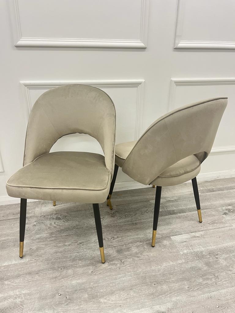 Louis Glass & Gold Dining Table With Astra Velvet / Leather Chairs