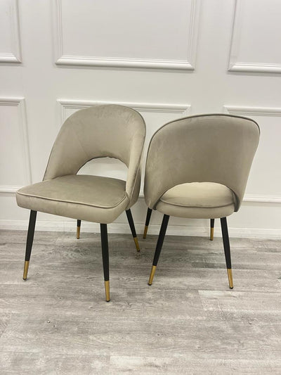Louis Glass & Gold Dining Table With Astra Velvet / Leather Chairs