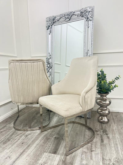 Louis Marble & Chrome Dining Table With Carlton Beige/Chrome Velvet Chairs