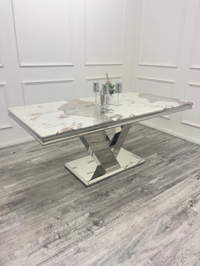 Venice 180cm Marble & Chrome Dining Table With Lucy Slim Quilted Lion Knocker Velvet Chairs