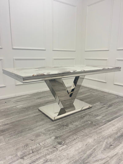 Venice 180cm Marble & Chrome Dining Table With Lucy Slim Quilted Lion Knocker Velvet Chairs