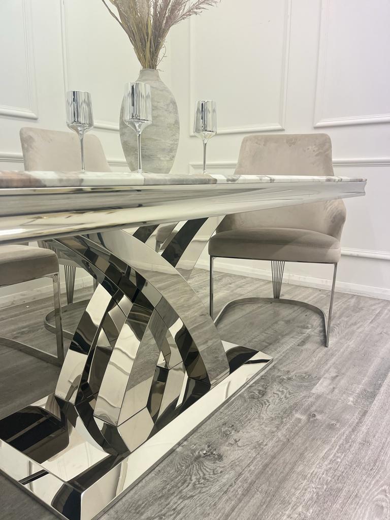 Ottavia 180cm Marble & Chrome Dining Table With Quilted Lion Knocker Velvet Chairs