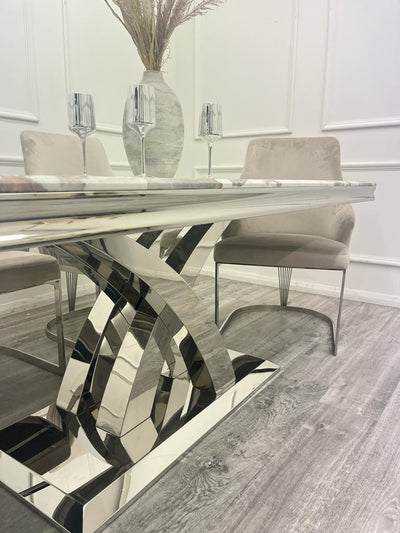 Ottavia 180cm Marble & Chrome Dining Table With Quilted Lion Knocker Velvet Chairs