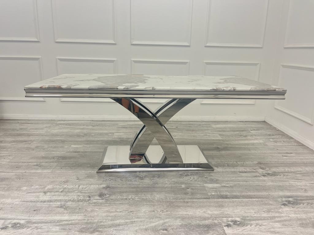 Ottavia 180cm Marble & Chrome Dining Table With Quilted Lion Knocker Velvet Chairs