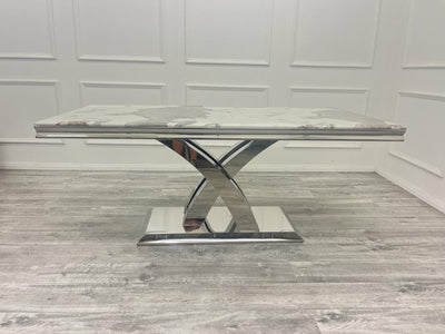 Ottavia 180cm Marble & Chrome Dining Table With Quilted Lion Knocker Velvet Chairs
