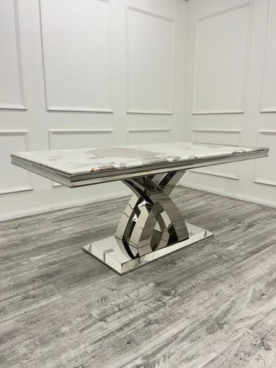 Ottavia 180cm Marble & Chrome Dining Table With Quilted Lion Knocker Velvet Chairs