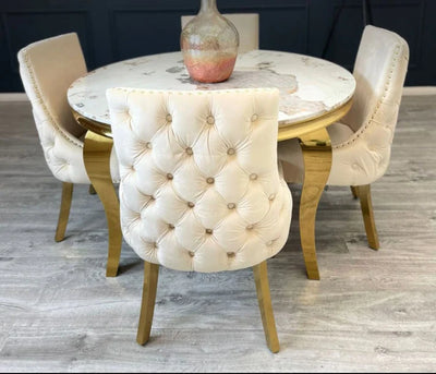 Louis 130cm Gold Round Marble Dining Table With Kensington Cream/Gold Velvet Dining Chairs