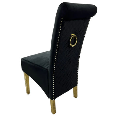 Louis Marble & Gold Dining Table With Lucy Quilted Gold Ring Knocker Velvet Chairs