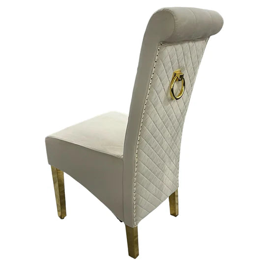 Louis Marble & Gold Dining Table With Lucy Quilted Gold Ring Knocker Velvet Chairs