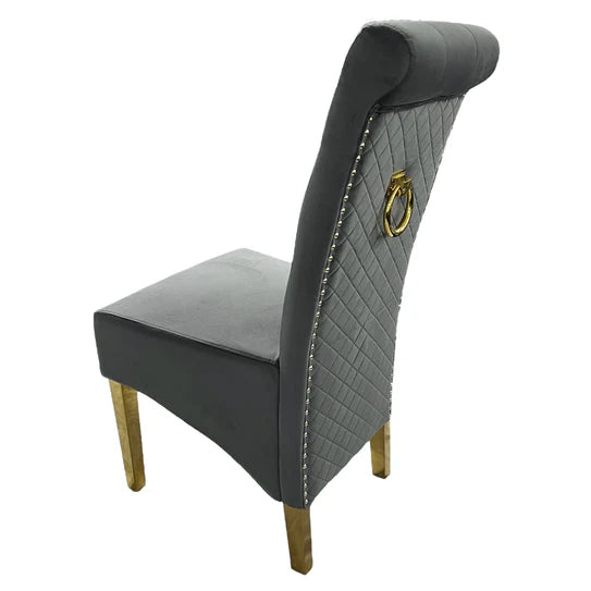 Chelsea Gold Round 130cm Marble Dining Table With Lucy Quilted Gold Ring Knocker Velvet Chairs