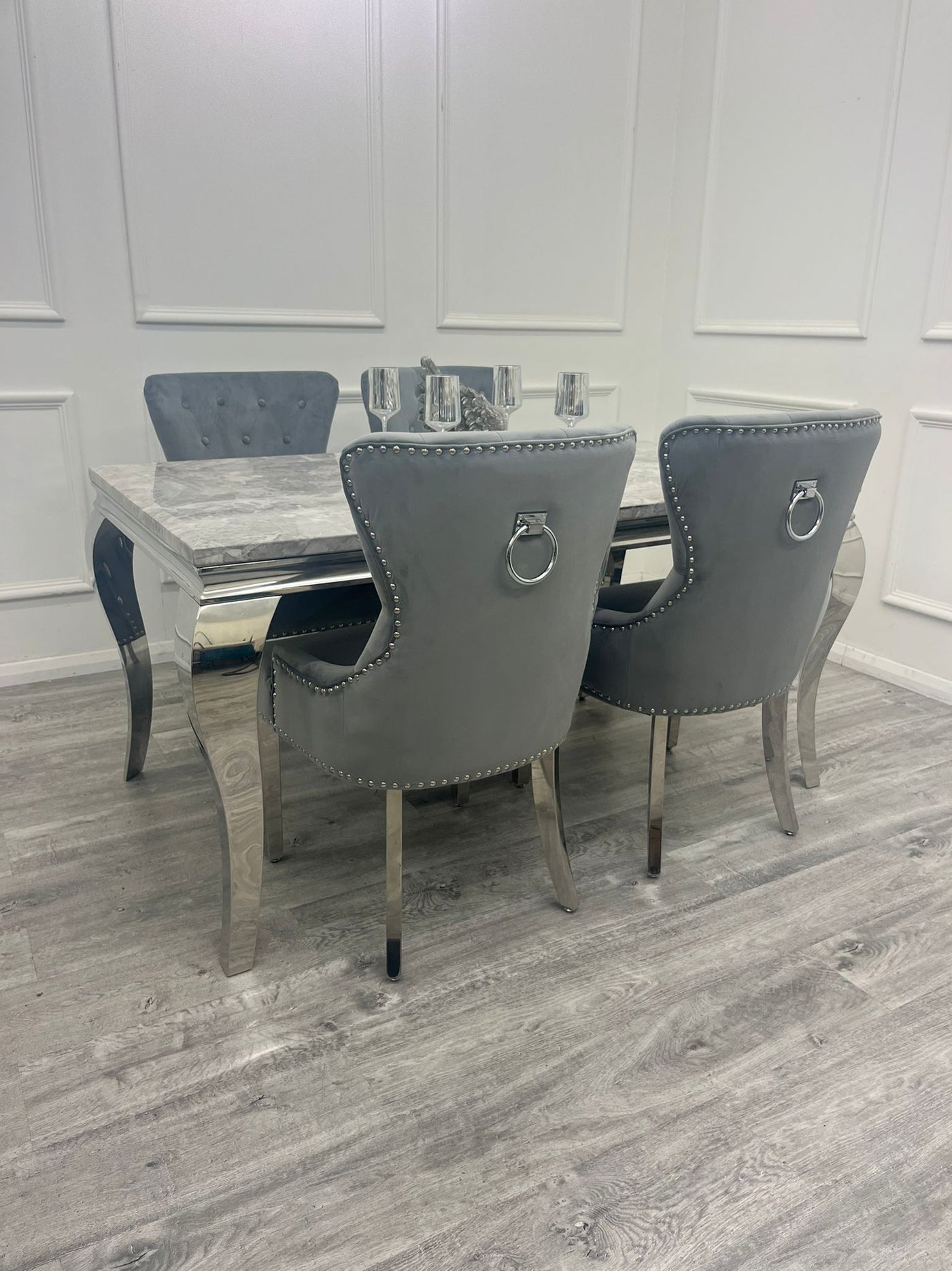 Louis 160cm Marble & Chrome Dining Table With Megan Chrome Ring Knocker Velvet Chairs