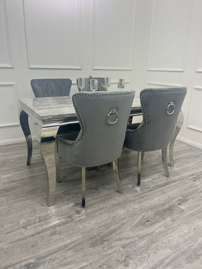 Louis 160cm Marble & Chrome Dining Table With Megan Chrome Ring Knocker Velvet Chairs