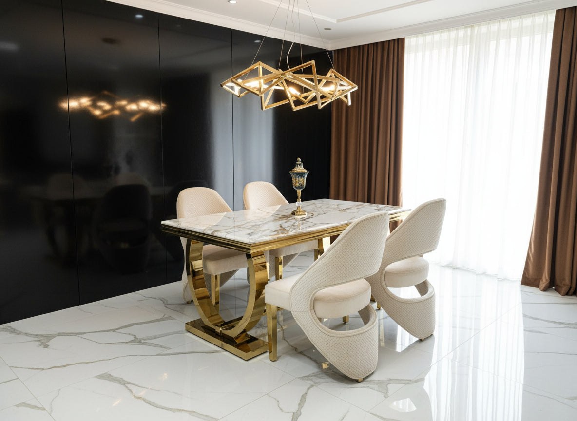 Arianna Marble & Gold Dining Table With Santos Curve Velvet Chairs Gold Legs