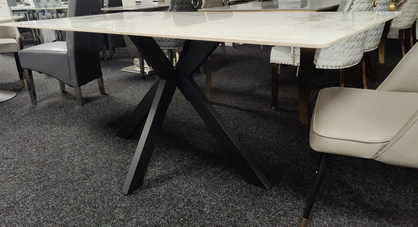 Phoenix 180cm White Ceramic Marble Dining Table With Grey Velvet Black Ring Chairs