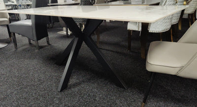 Phoenix 180cm White Ceramic Marble Dining Table With Grey Velvet Black Ring Chairs