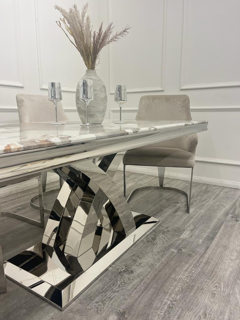 Ottavia 180cm Marble & Chrome Dining Table With Carlton Beige/Chrome Velvet Chairs