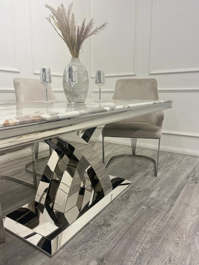 Ottavia 180cm Marble & Chrome Dining Table With Carlton Beige/Chrome Velvet Chairs