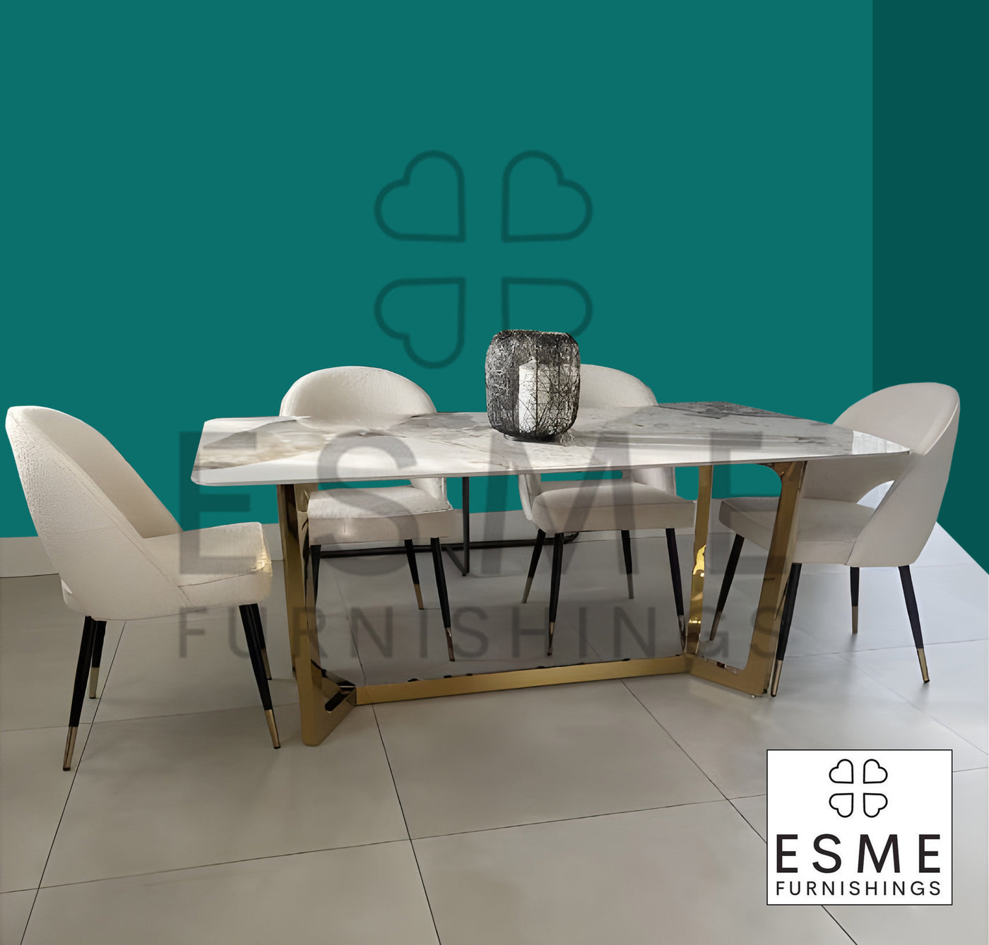 Lucien 180cm Pandora Ceramic Marble Gold Dining Table With Venice Cream Boucle Fabric Dining Chairs