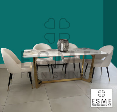Lucien 180cm Pandora Ceramic Marble Gold Dining Table With Venice Cream Boucle Fabric Dining Chairs