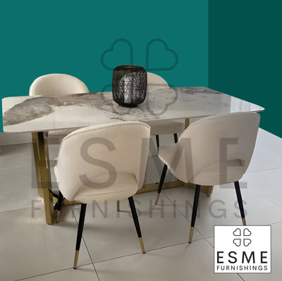 Lucien 180cm Pandora Ceramic Marble Gold Dining Table With Venice Cream Boucle Fabric Dining Chairs
