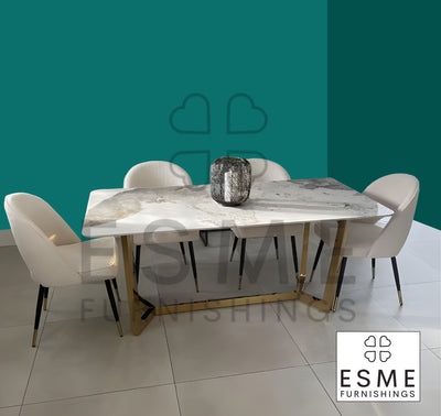 Lucien 180cm Pandora Ceramic Marble Gold Dining Table With Venice Cream Boucle Fabric Dining Chairs