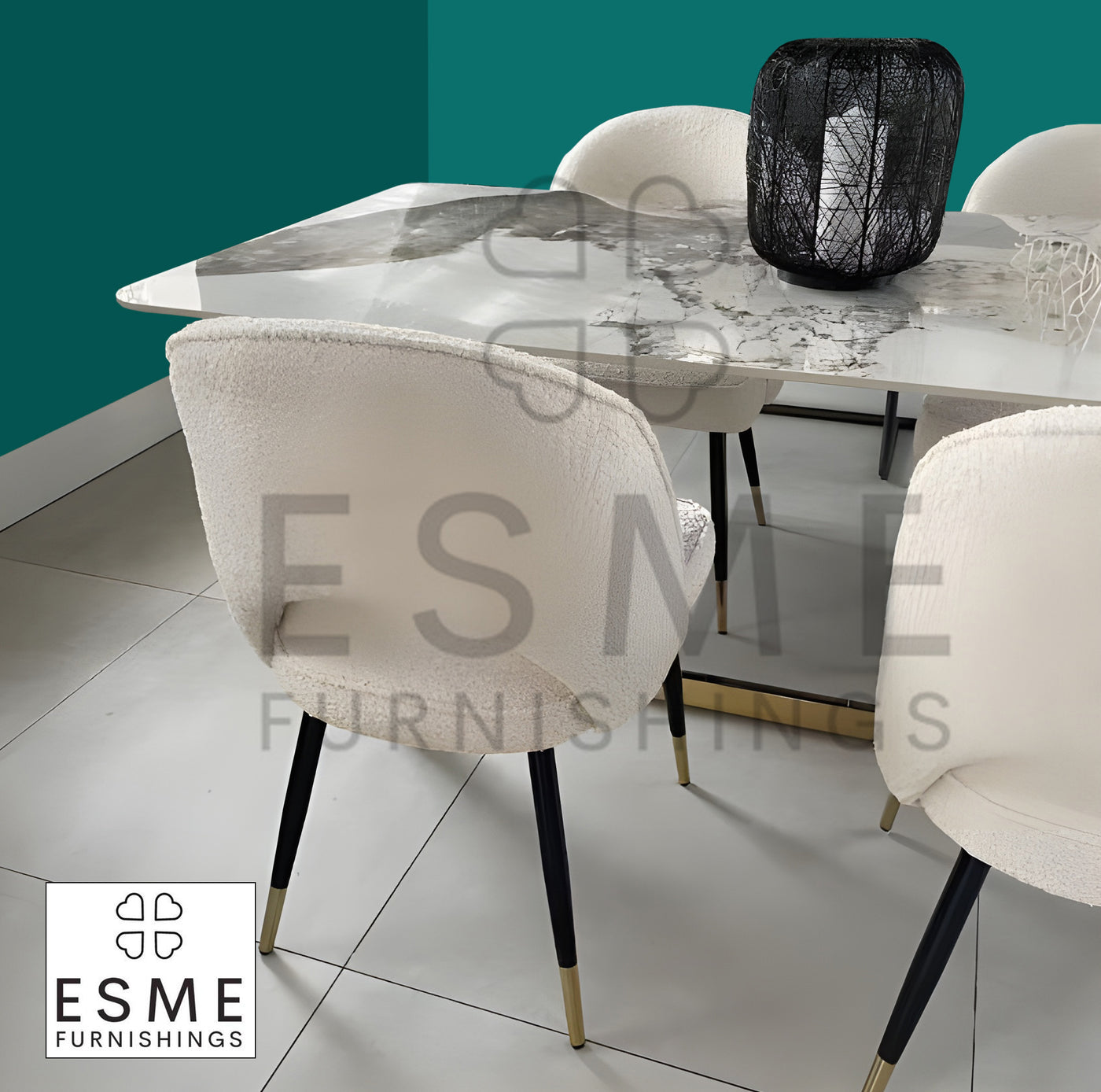 Lucien 180cm Pandora Ceramic Marble Gold Dining Table With Venice Cream Boucle Fabric Dining Chairs