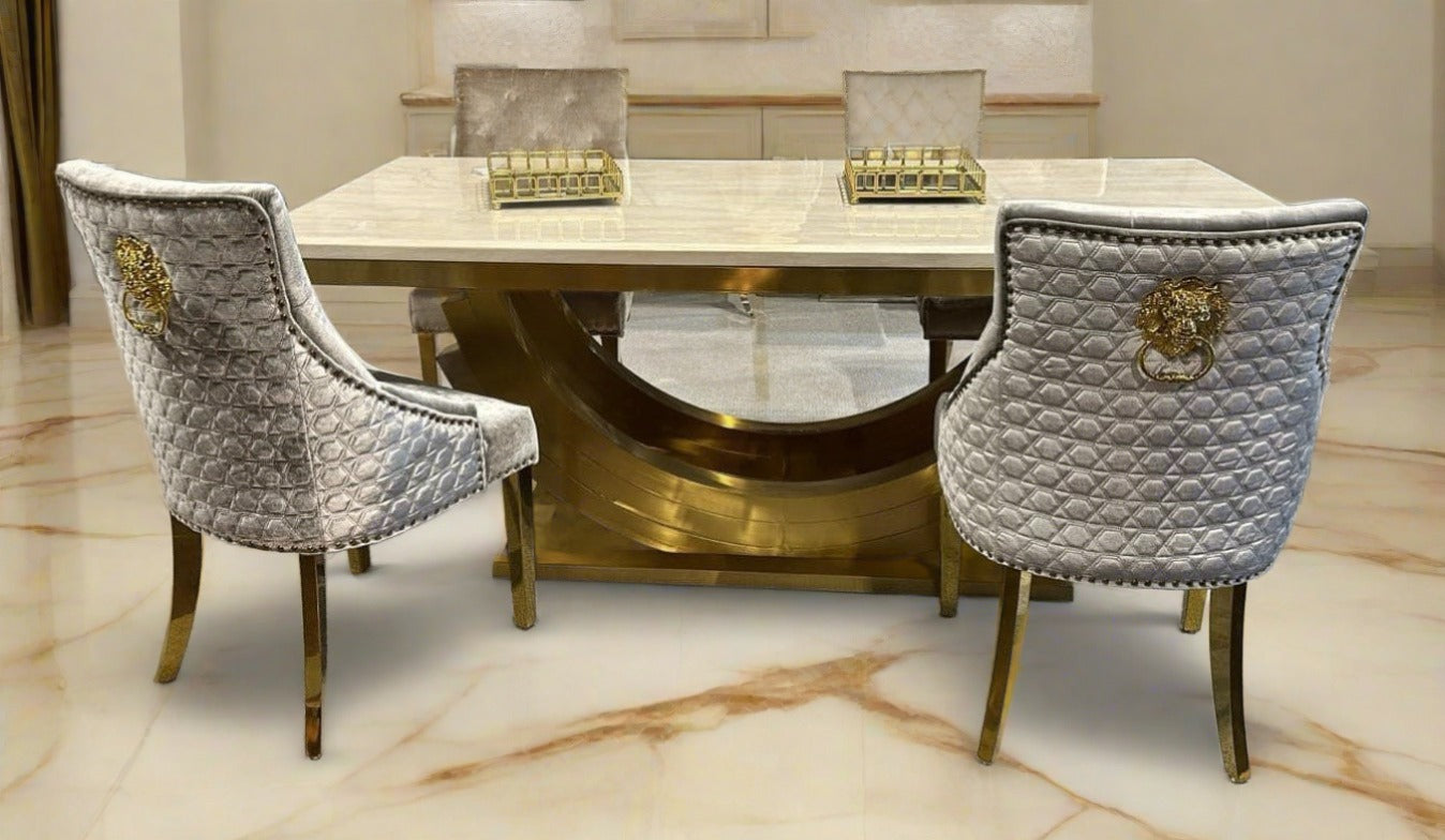Medas 200cm Premium Gold Marble Dining Table With Gold Lion Knocker Velvet Dining Chairs