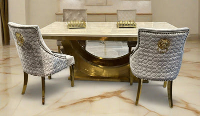 Medas 200cm Premium Gold Marble Dining Table With Gold Lion Knocker Velvet Dining Chairs