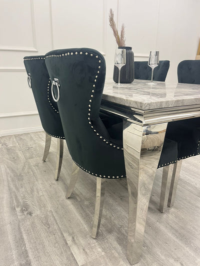 Louis 160cm Marble & Chrome Dining Table With Megan Chrome Ring Knocker Velvet Chairs