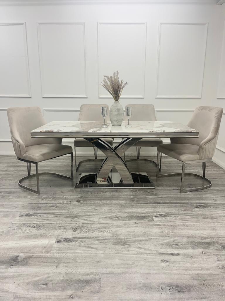 Ottavia 180cm Marble & Chrome Dining Table With Carlton Beige/Chrome Velvet Chairs