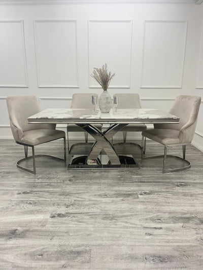 Ottavia 180cm Marble & Chrome Dining Table With Carlton Beige/Chrome Velvet Chairs