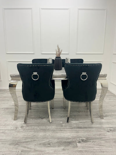 Louis 160cm Marble & Chrome Dining Table With Megan Chrome Ring Knocker Velvet Chairs