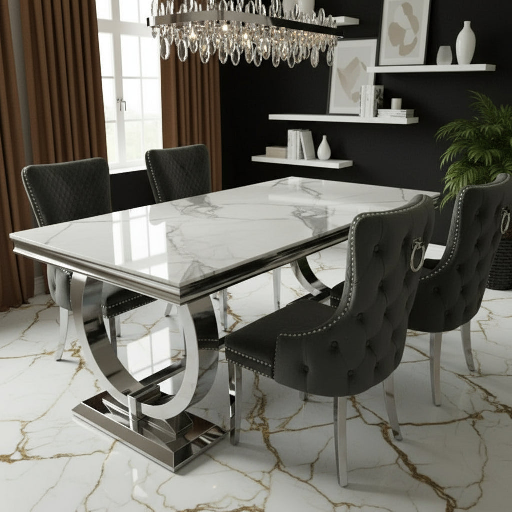 Arianna Marble & Chrome Dining Table With Victoria Grey Velvet Ring Knocker Chairs