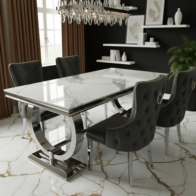 Arianna Marble & Chrome Dining Table With Victoria Grey Velvet Ring Knocker Chairs
