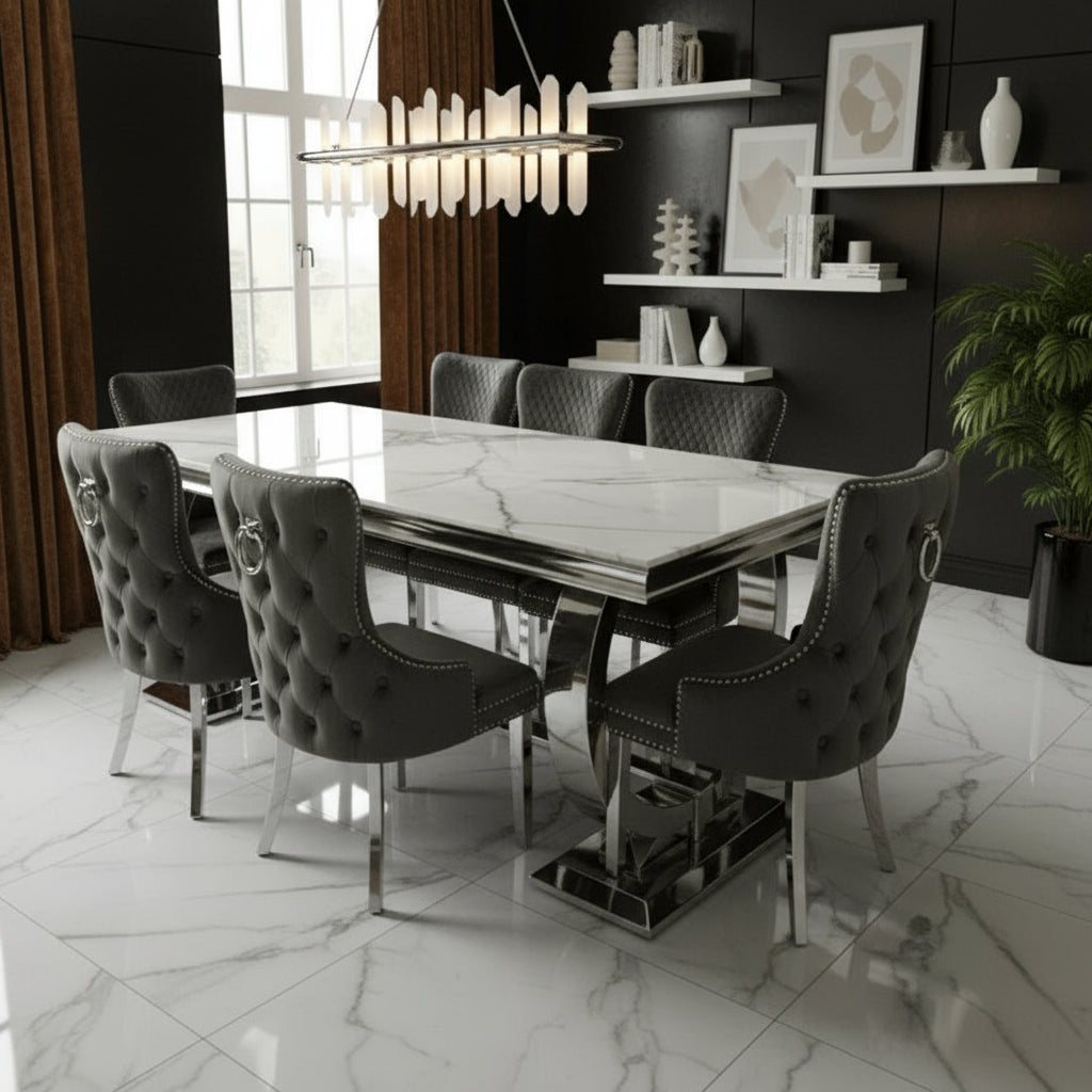 Arianna Marble & Chrome Dining Table With Victoria Grey Velvet Ring Knocker Chairs
