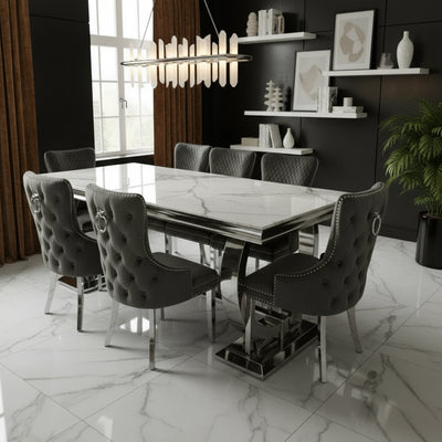 Arianna Marble & Chrome Dining Table With Victoria Grey Velvet Ring Knocker Chairs