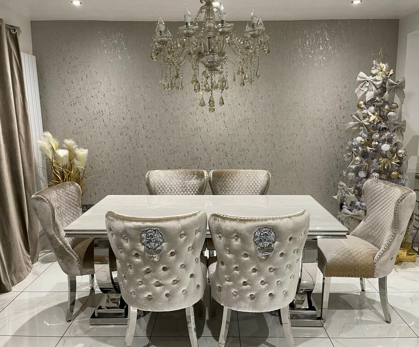 Arianna Pandora Marble & Chrome Dining Table With Valente Lion Knocker Chairs