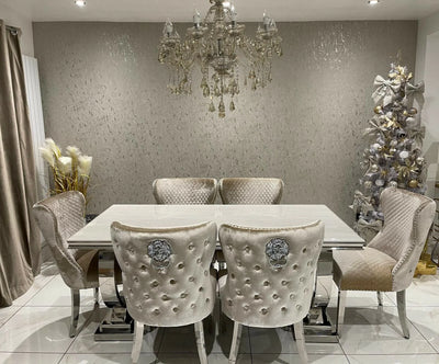 Arianna Marble & Chrome Dining Table With Valentino Lion Knocker Velvet Chairs