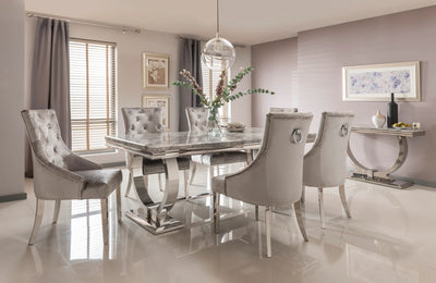Arianna Marble & Chrome Dining Table With Shimmer Chrome Ring Knocker Chairs