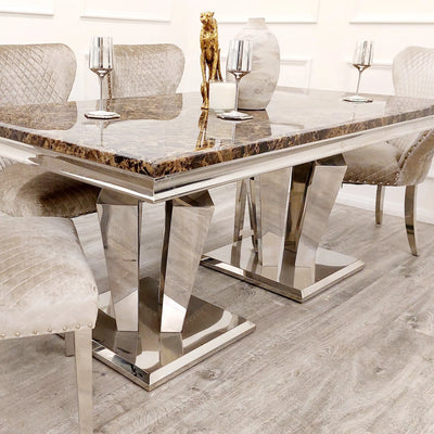 Arturo 180cm Marble Dining Table + Lion Knocker Quilted Dining Chairs