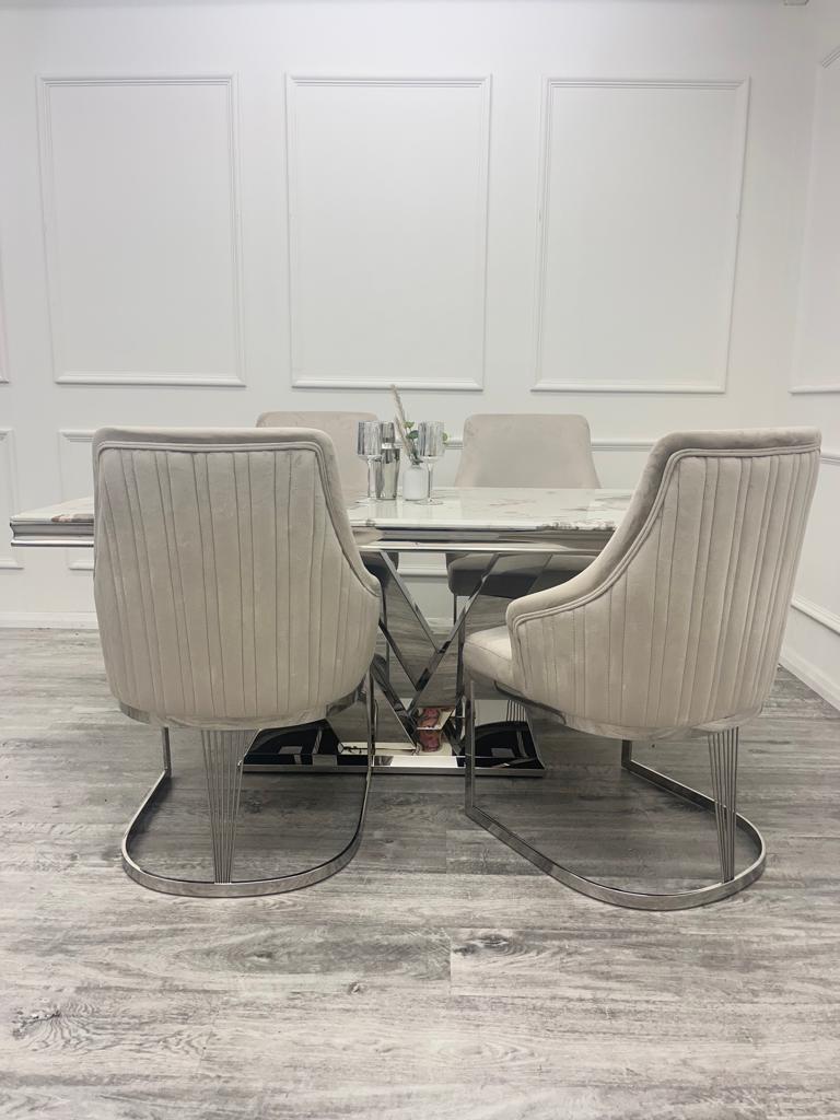Cello 180cm Marble & Chrome Dining Table With Carlton Beige/Chrome Velvet Chairs