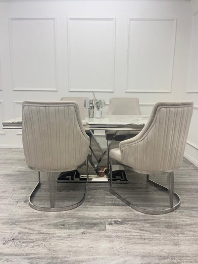 Cello 180cm Marble & Chrome Dining Table With Carlton Beige/Chrome Velvet Chairs