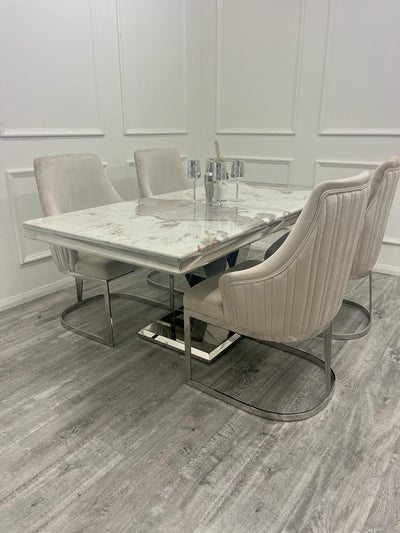 Cello 180cm Marble & Chrome Dining Table With Carlton Beige/Chrome Velvet Chairs